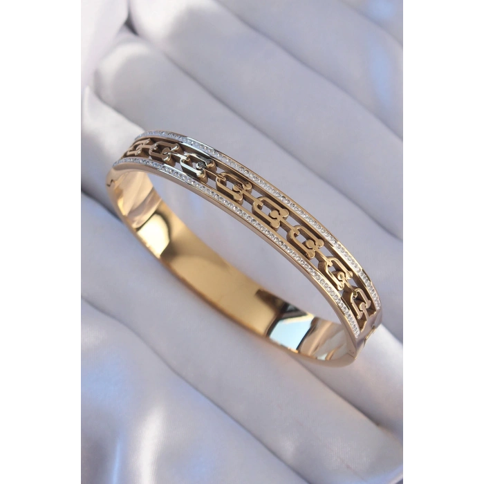 Mey İthalat® 316L Çelik Gold Renk Zirkon Taşlı Model Kelepçe