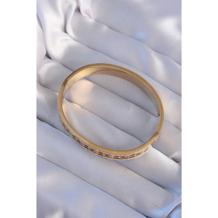 Mey İthalat® 316L Çelik Gold Renk Zirkon Taşlı Model Kelepçe