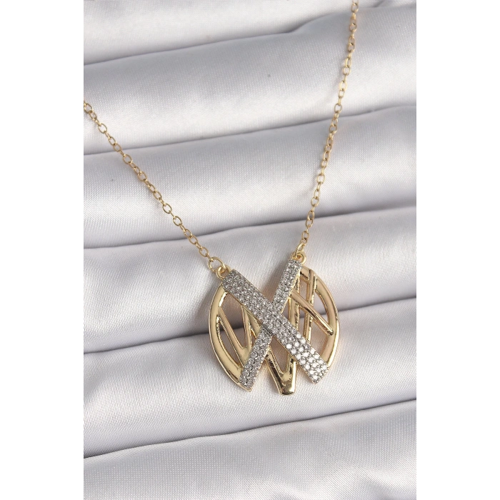 Mey İthalat® 316L Çelik Gold Renk Zirkon Taşlı Vintage Model Kadın Kolye