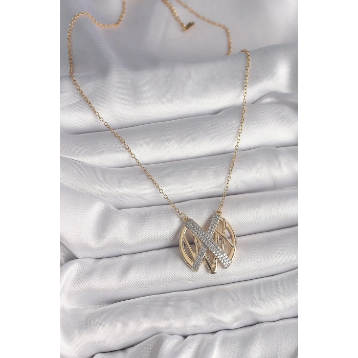 Mey İthalat® 316L Çelik Gold Renk Zirkon Taşlı Vintage Model Kadın Kolye