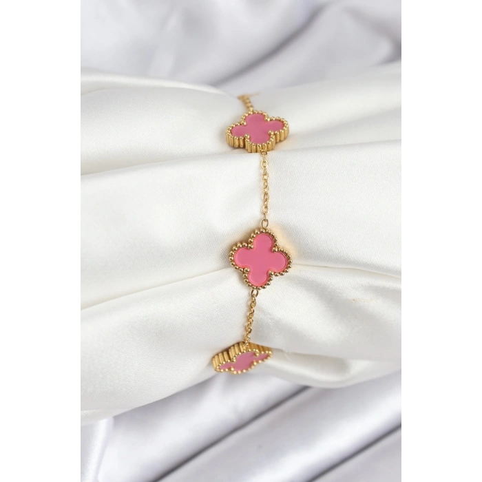 Mey İthalat® 316L Çelik Gold Zincir Pembe Yonca Renk Bileklik