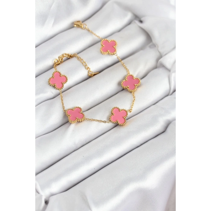 Mey İthalat® 316L Çelik Gold Zincir Pembe Yonca Renk Bileklik