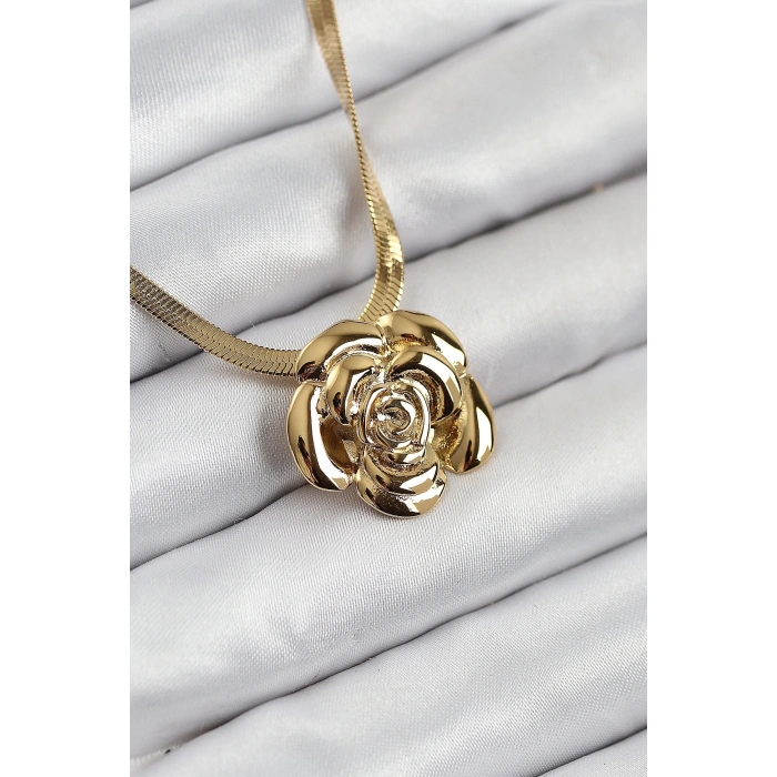 Mey İthalat® 316L Çelik Gül Figürlü İtalyan Zincir Model Gold Renk Kadın Kolye