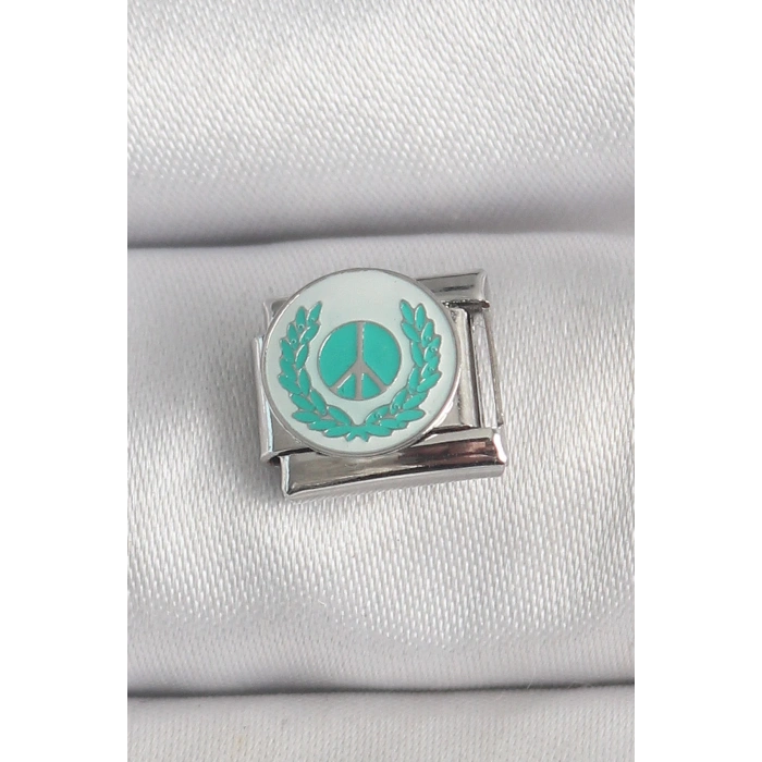 Mey İthalat® 316L Çelik Gümüş Renk Beyaz Mavi Barış İşareti İşlemeli Nomination Charm