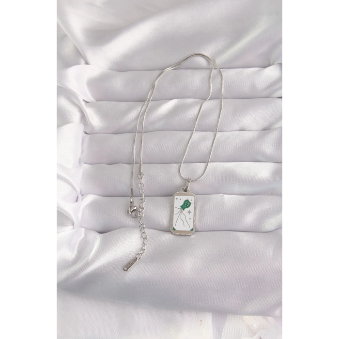 Mey İthalat® 316L Çelik Gümüş Renk Beyaz Mineli Tarot Kolye