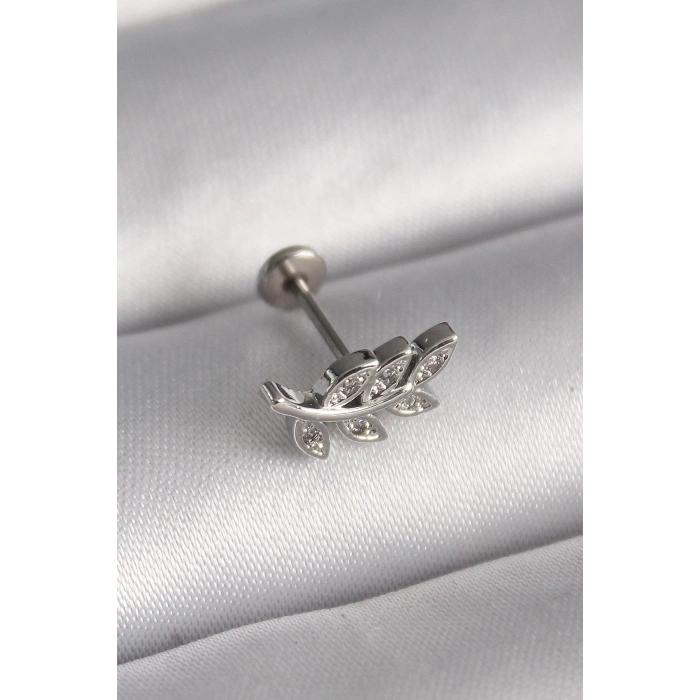 Mey İthalat® 316L Çelik Gümüş Renk Dal Model Zirkon Taş Detaylı Tragus Piercing