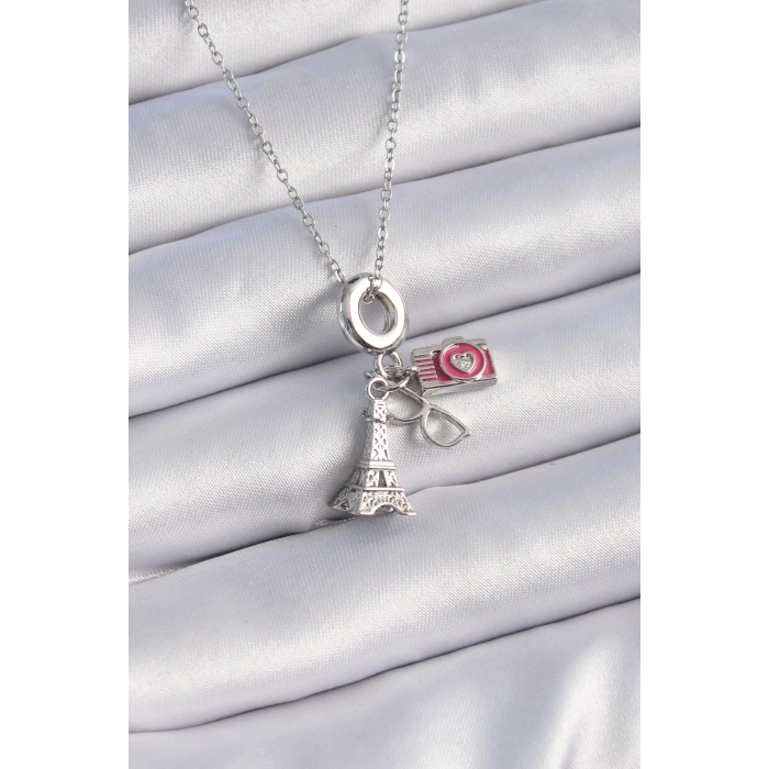 Mey İthalat® 316L Çelik Gümüş Renk Eyfel Kule Fotoğraf Makinesi Model Charm Kadın Kolye