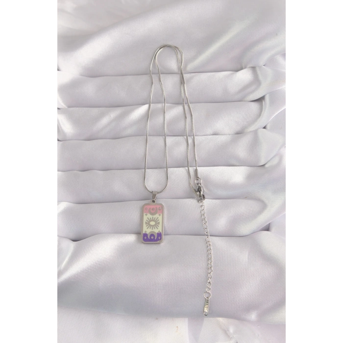 Mey İthalat® 316L Çelik Gümüş Renk Karışık Mineli Ay Figür Tarot Kolye