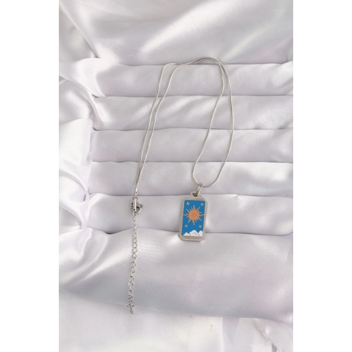 Mey İthalat® 316L Çelik Gümüş Renk Mavi Mineli Güneş Model Tarot Kolye