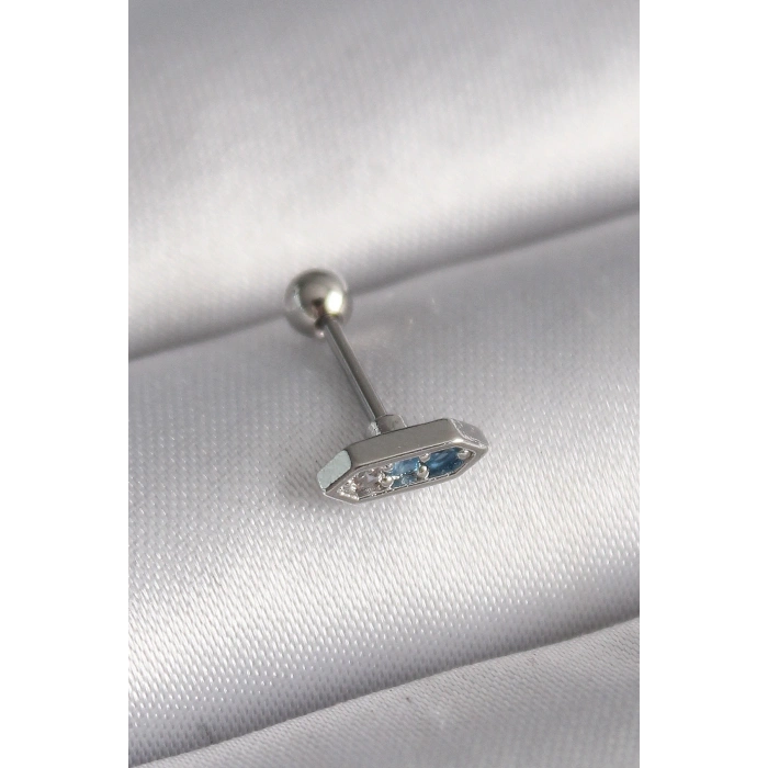 Mey İthalat® 316L Çelik Gümüş Renk Mavi Zirkon Taşlı Tragus Piercing