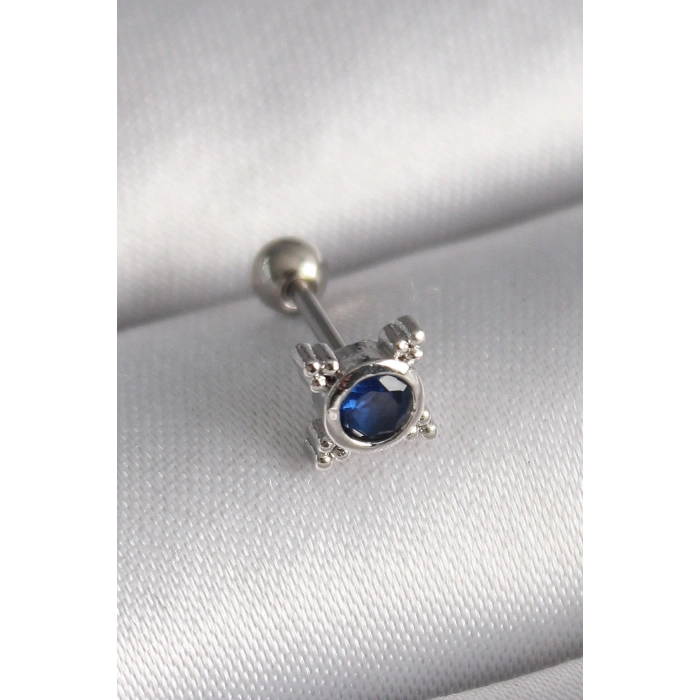 Mey İthalat® 316L Çelik Gümüş Renk Mavi Zirkon Taşlı Tragus Piercing