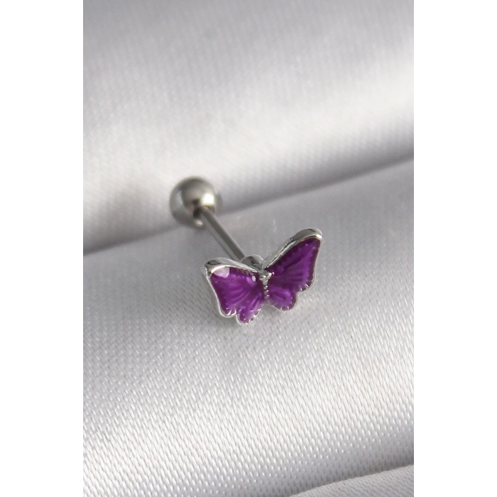 Mey İthalat® 316L Çelik Gümüş Renk Mor Kelebek Model Tragus Piercing