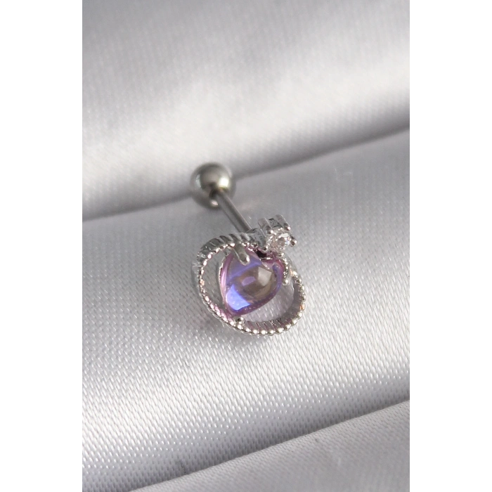 Mey İthalat® 316L Çelik Gümüş Renk Mor Mineli Kalp Zirkon Taş Detay Tragus Piercing