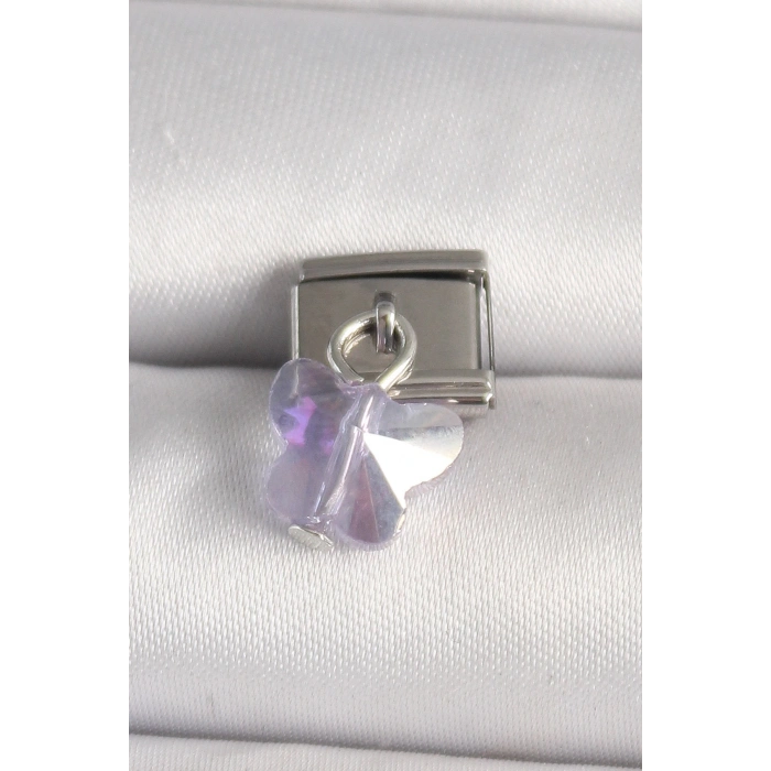 Mey İthalat® 316L Çelik Gümüş Renk Mor Zirkon Taşlı Nomination Charm