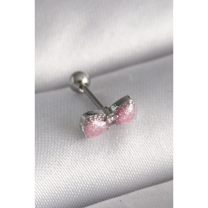Mey İthalat® 316L Çelik Gümüş Renk Pembe Kurdele Zirkon Taş Detay Tragus Piercing