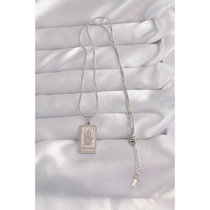 Mey İthalat® 316L Çelik Gümüş Renk Pembe Mineli El Figür Tarot Kolye
