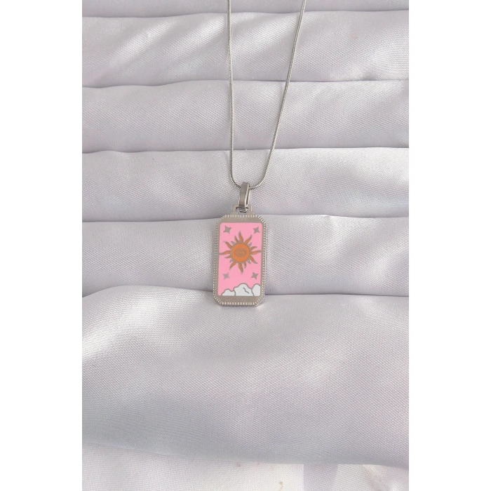 Mey İthalat® 316L Çelik Gümüş Renk Pembe Mineli Güneş Model Tarot Kolye