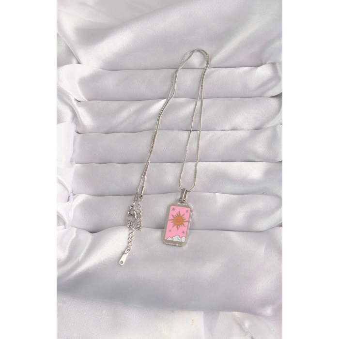 Mey İthalat® 316L Çelik Gümüş Renk Pembe Mineli Güneş Model Tarot Kolye