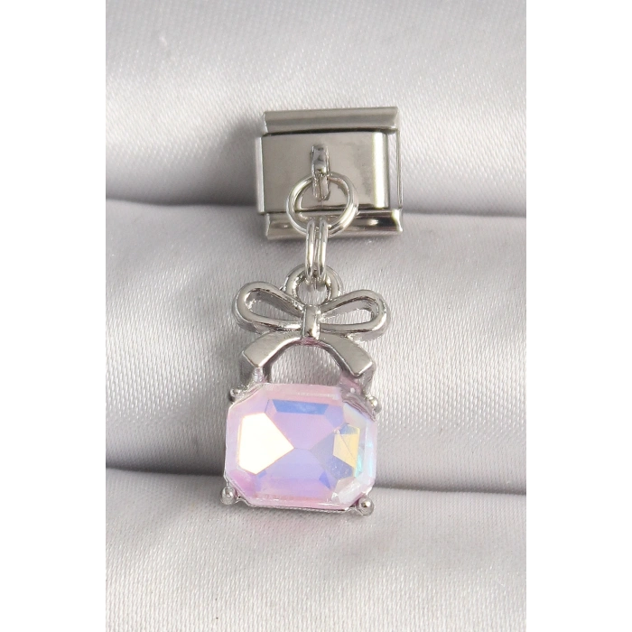 Mey İthalat® 316L Çelik Gümüş Renk Pembe Zirkon Taşlı Çanta Model Nomination Charm