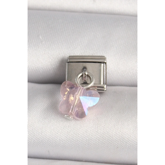 Mey İthalat® 316L Çelik Gümüş Renk Pembe Zirkon Taşlı Kelebek Model Nomination Charm