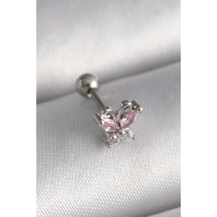 Mey İthalat® 316L Çelik Gümüş Renk Pembe Zirkon Taşlı Kelebek Tragus Piercing