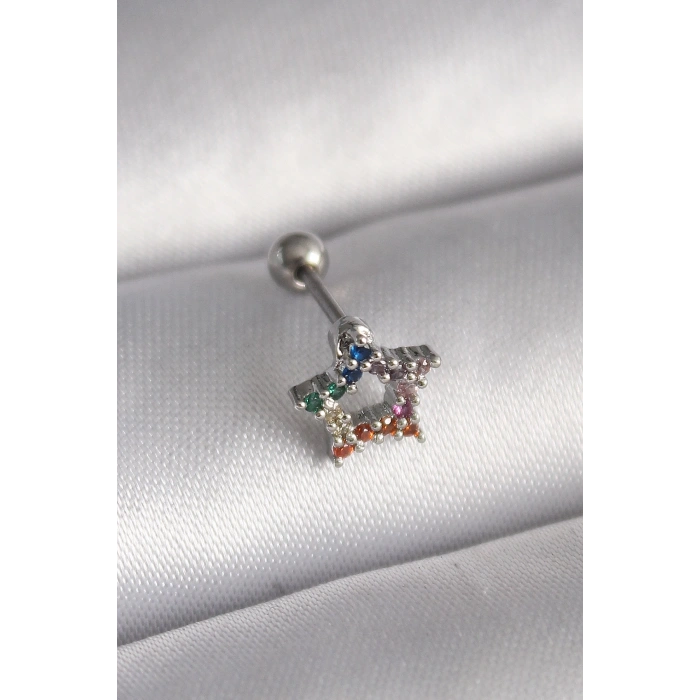 Mey İthalat® 316L Çelik Gümüş Renk Renkli Zirkon Taşlı Yıldız Model Tragus Piercing