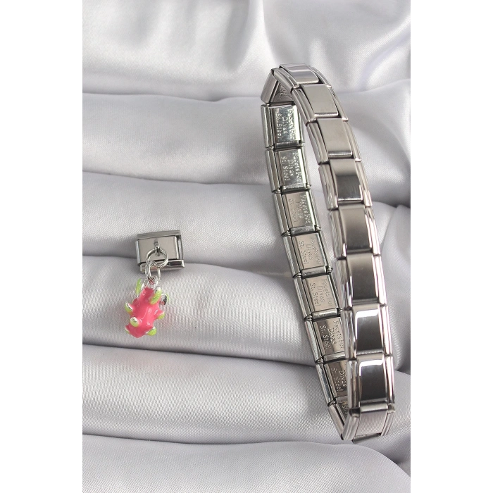 Mey İthalat® 316L Çelik Gümüş Renk Sallantı Ejder Meyvesi Model Nomination Charm