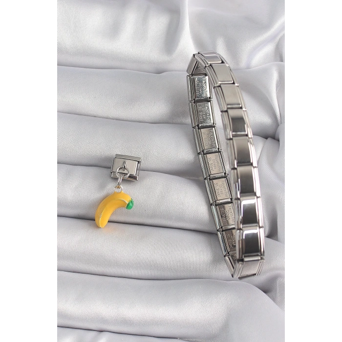 Mey İthalat® 316L Çelik Gümüş Renk Sallantı Muz Model Nomination Charm