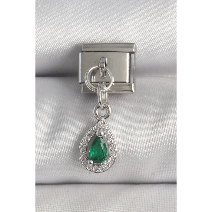 Mey İthalat® 316L Çelik Gümüş Renk Sallantı Yeşil Zirkon Taşlı Damla Model Nomination Charm