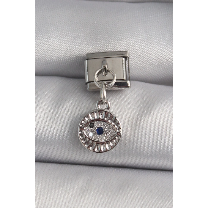 Mey İthalat® 316L Çelik Gümüş Renk Sallantı Zirkon Taşlı Göz Model Nomination Charm