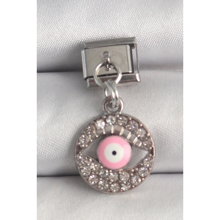 Mey İthalat® 316L Çelik Gümüş Renk Sallantı Zirkon Taşlı Pembe Göz Model Nomination Charm