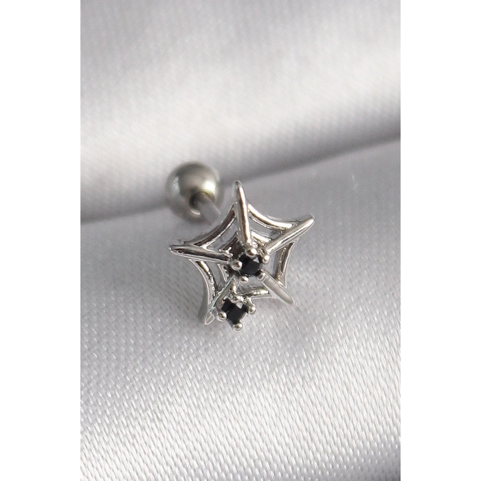 Mey İthalat® 316L Çelik Gümüş Renk Siyah Zirkon Taş Detay Örümcek Ağ Model Tragus Piercing
