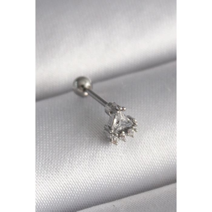 Mey İthalat® 316L Çelik Gümüş Renk Üçgen Zirkon Taşlı Tragus Piercing