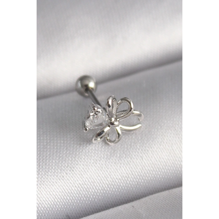 Mey İthalat® 316L Çelik Gümüş Renk Zirkon Taş Detay Kurdele Model Tragus Piercing