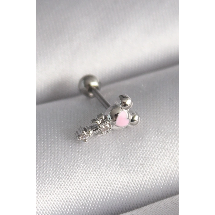 Mey İthalat® 316L Çelik Gümüş Renk Zirkon Taş Detay Pembe Kalp İşleme Tragus Piercing