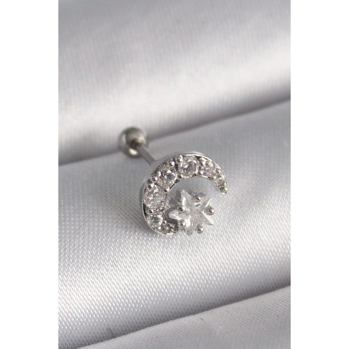 Mey İthalat® 316L Çelik Gümüş Renk Zirkon Taşlı Ay Yıldız Tragus Piercing