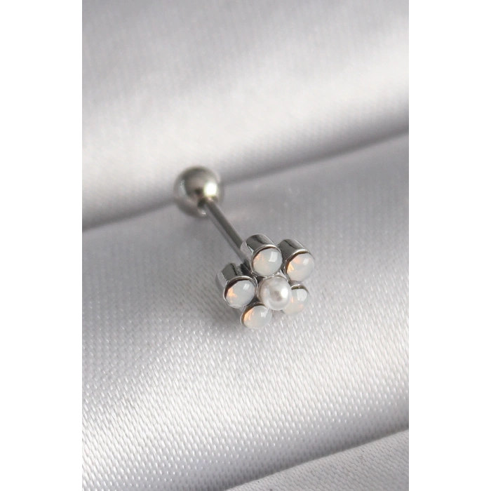 Mey İthalat® 316L Çelik Gümüş Renk Zirkon Taşlı Çiçek Model Tragus Piercing