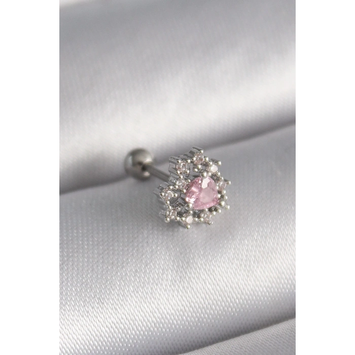 Mey İthalat® 316L Çelik Gümüş Renk Zirkon Taşlı Kalp Tragus Piercing