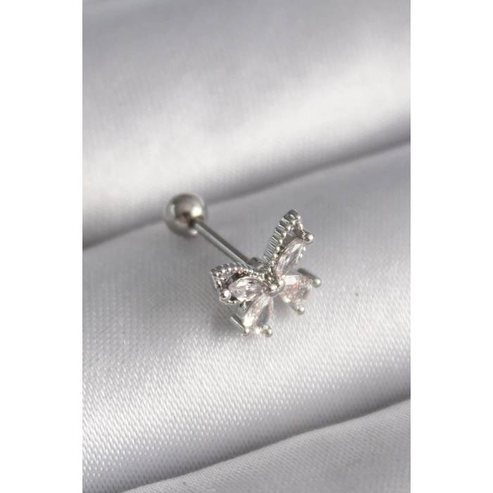 Mey İthalat® 316L Çelik Gümüş Renk Zirkon Taşlı Kelebek Tragus Piercing