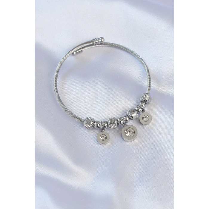 Mey İthalat® 316L Çelik Gümüş Renk Zirkon Taşlı Model Charm Bileklik