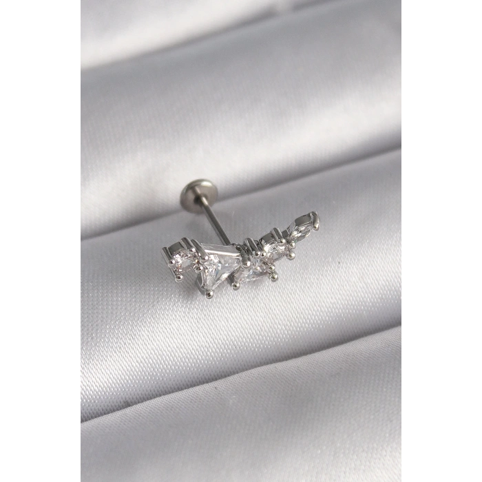 Mey İthalat® 316L Çelik Gümüş Renk Zirkon Taşlı Tragus Piercing