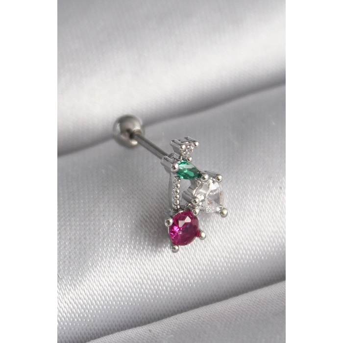 Mey İthalat® 316L Çelik Gümüş Renk Zirkon Taşlı Tragus Piercing