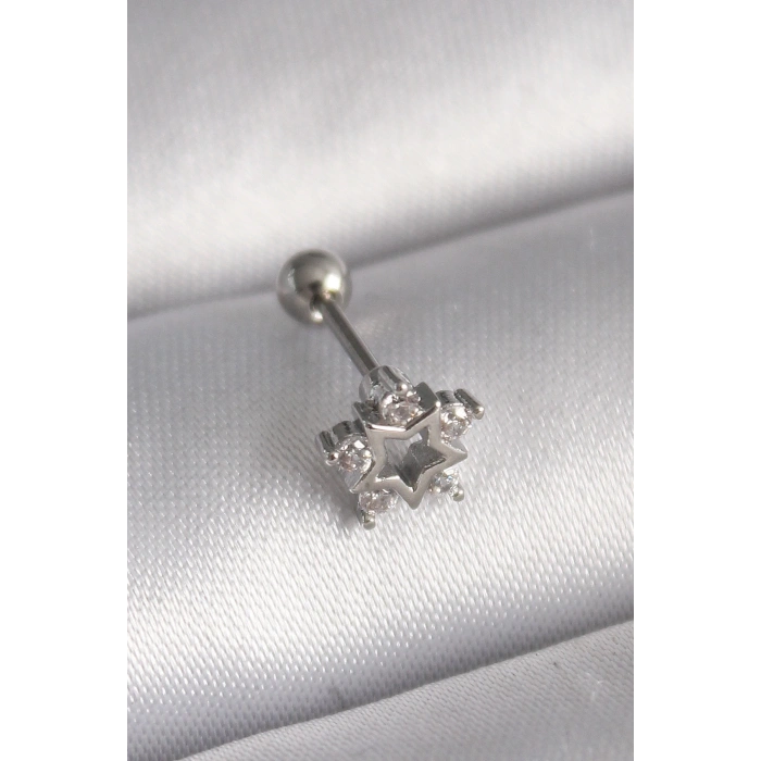 Mey İthalat® 316L Çelik Gümüş Renk Zirkon Taşlı Yıldız Model Tragus Piercing