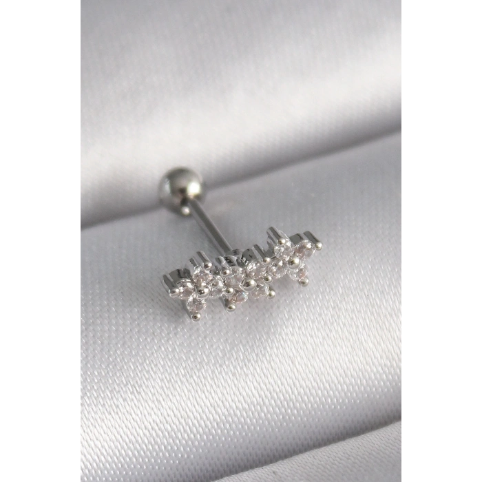 Mey İthalat® 316L Çelik Gümüş Renk Zirkon Taşlı Yonca Tragus Piercing