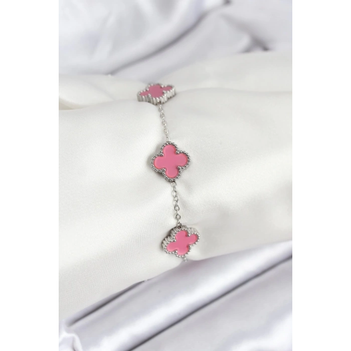 Mey İthalat® 316L Çelik Gümüş Zincir Pembe Renk Yonca Bileklik