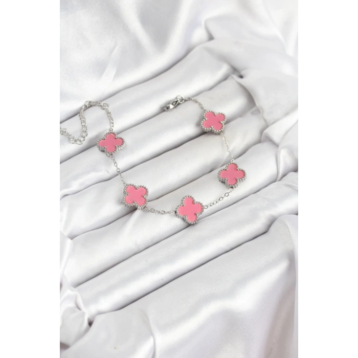 Mey İthalat® 316L Çelik Gümüş Zincir Pembe Renk Yonca Bileklik