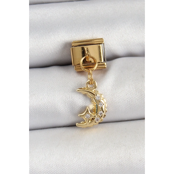 Mey İthalat® 316L Çelik Sallantılı Zirkon Taşlı Ay Model Gold Renk Nomination Charm