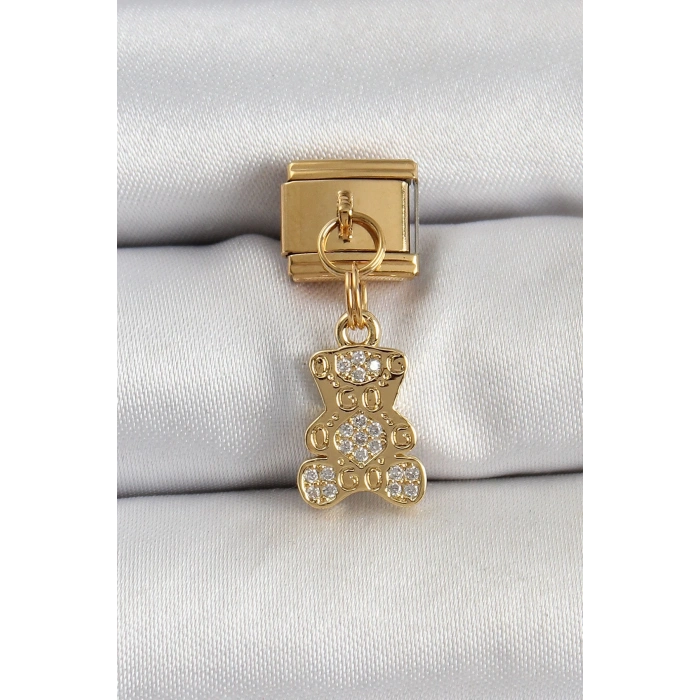Mey İthalat® 316L Çelik Sallantılı Zirkon Taşlı Ayıcık Model Gold Renk Nomination Charm