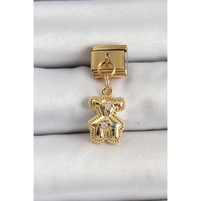 Mey İthalat® 316L Çelik Sallantılı Zirkon Taşlı Ayıcık Model Gold Renk Nomination Charm