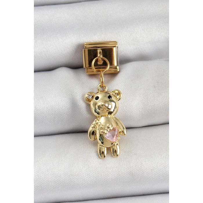 Mey İthalat® 316L Çelik Sallantılı Zirkon Taşlı Ayıcık Model Gold Renk Nomination Charm